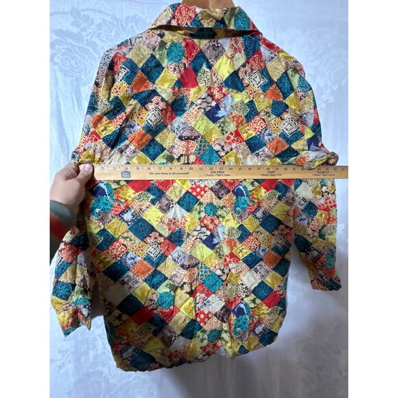 Robert Stock 100% Silk Button Up Small Colorful Geometric Floral Patchwork 90s - Picture 11 of 12